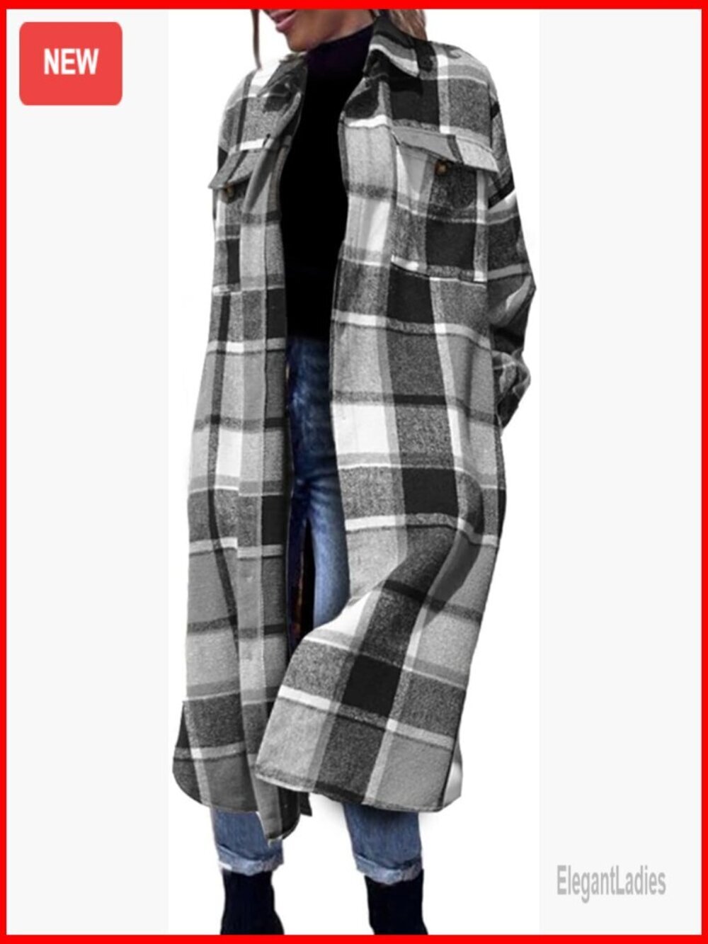 Long Plaid Shacket Wool Blend Button Down Shirt Jacket with Pockets